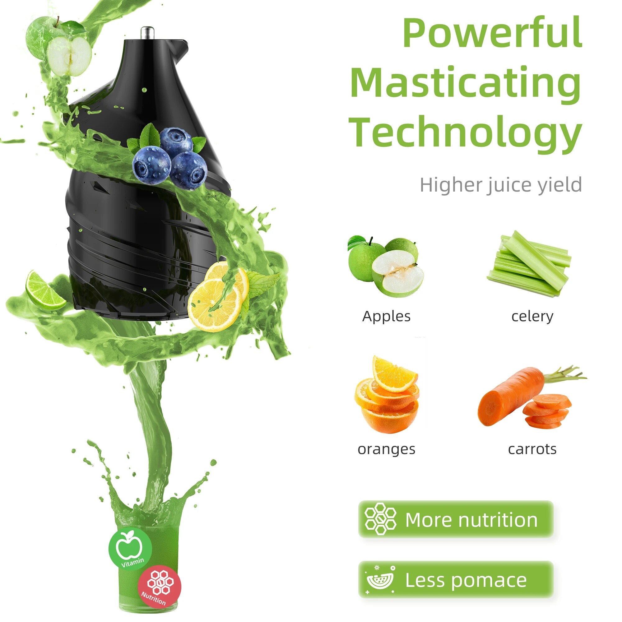 BioloMix Cold Press Juicer - 200W Slow Masticating Extractor, 75mm Feed Chute, Whole Fruit Compatible