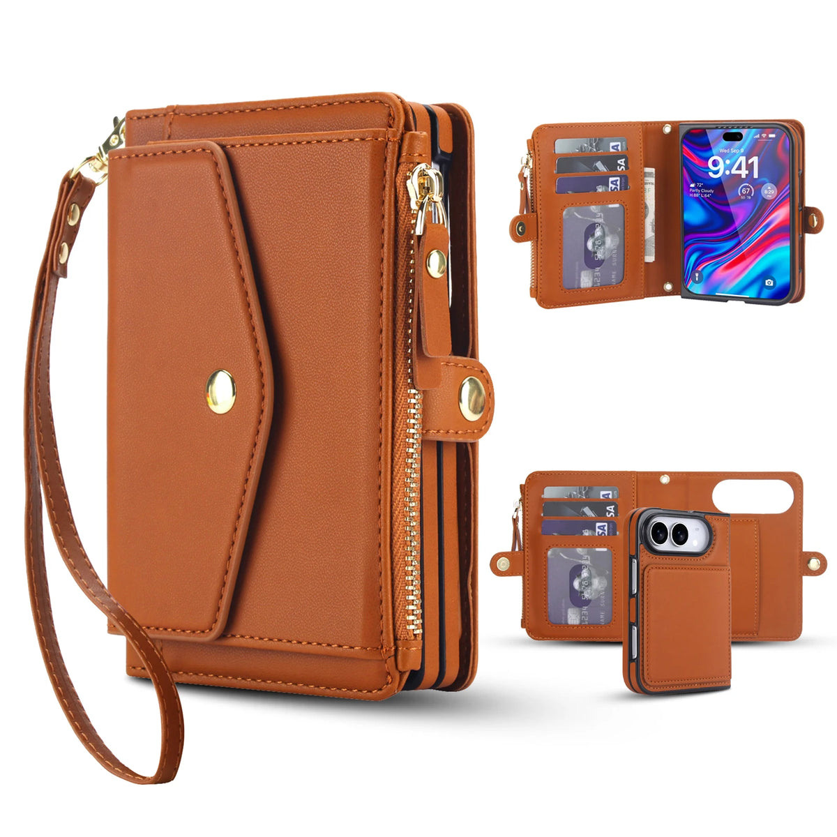 3-Card Detachable Magnetic Wallet Case with Convertible Lanyard Strap for iPhone Duo