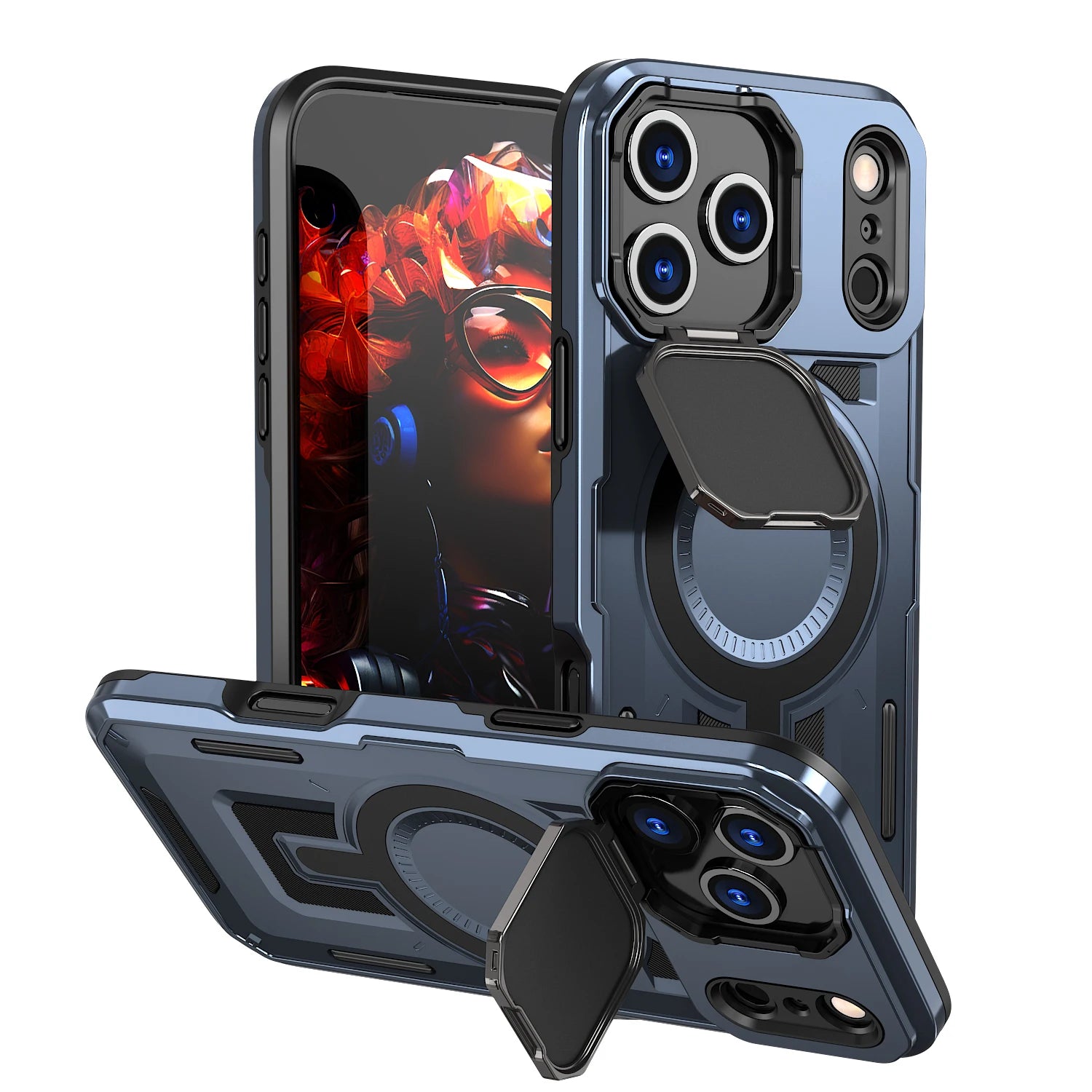 Shockproof Armor MagSafe Case with Lens Cover and Stand for iPhone 17 Series