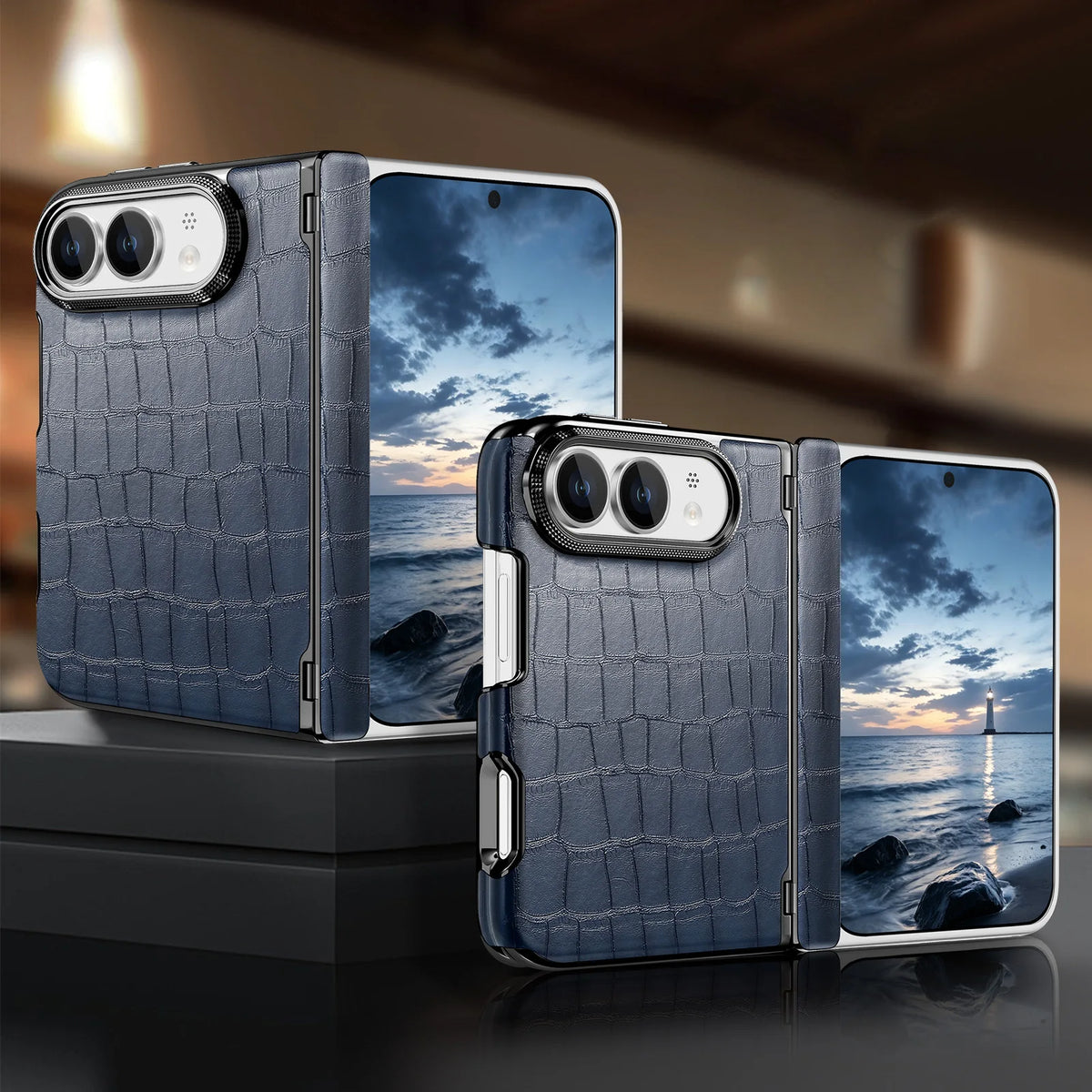 Crocodile Embossed Leather Case with Camera Lens Protection Ring for iPhone Duo