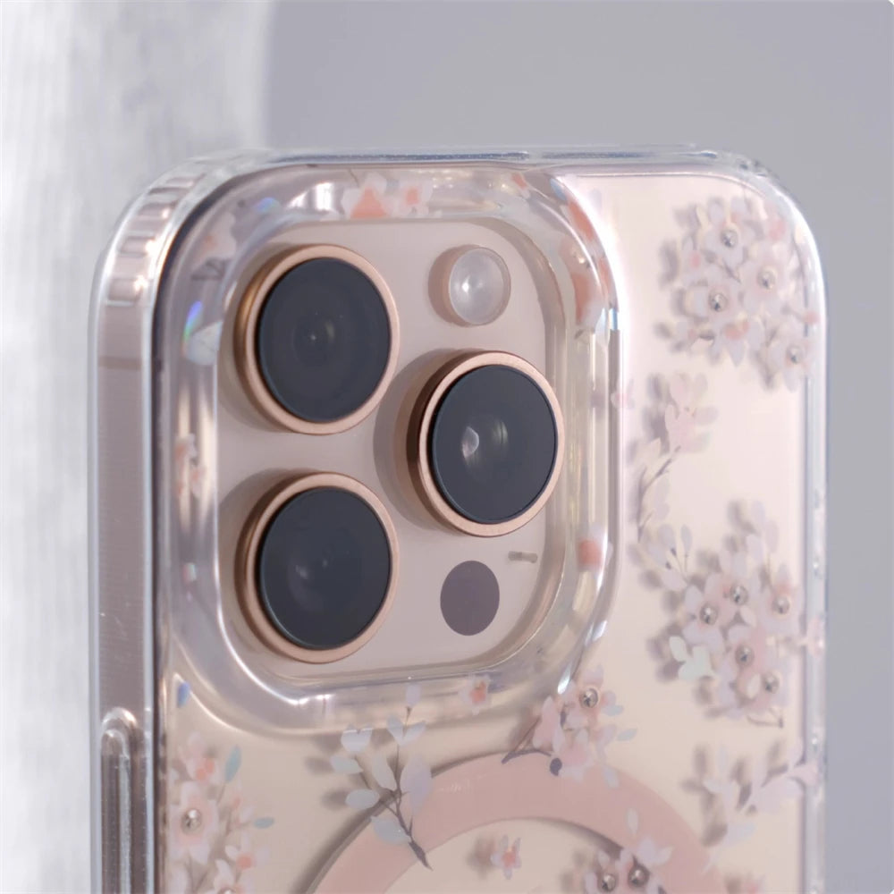 Transparent Floral MagSafe Case with Integrated Wireless Charging Ring for iPhone 15 Series