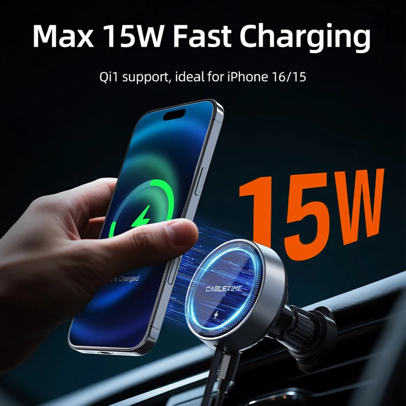 CABLETIME 15W Magnetic Wireless Car Charger & Phone Holder