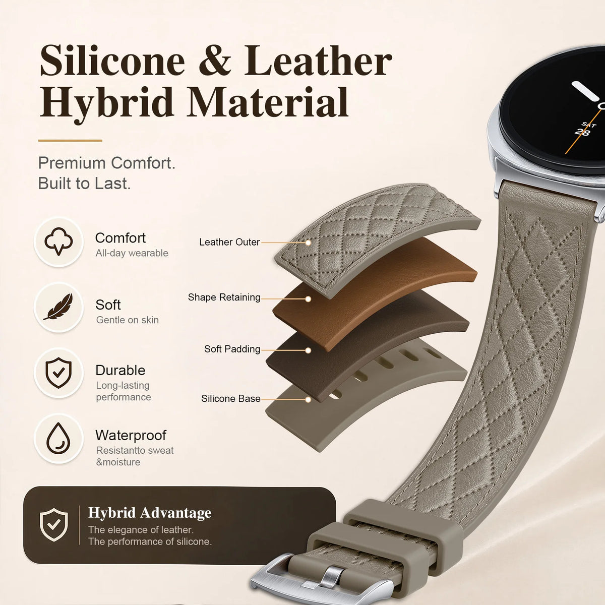 Quilted Leather Silicone Watch Strap with Pin Buckle Clasp for Samsung Galaxy Watch 9