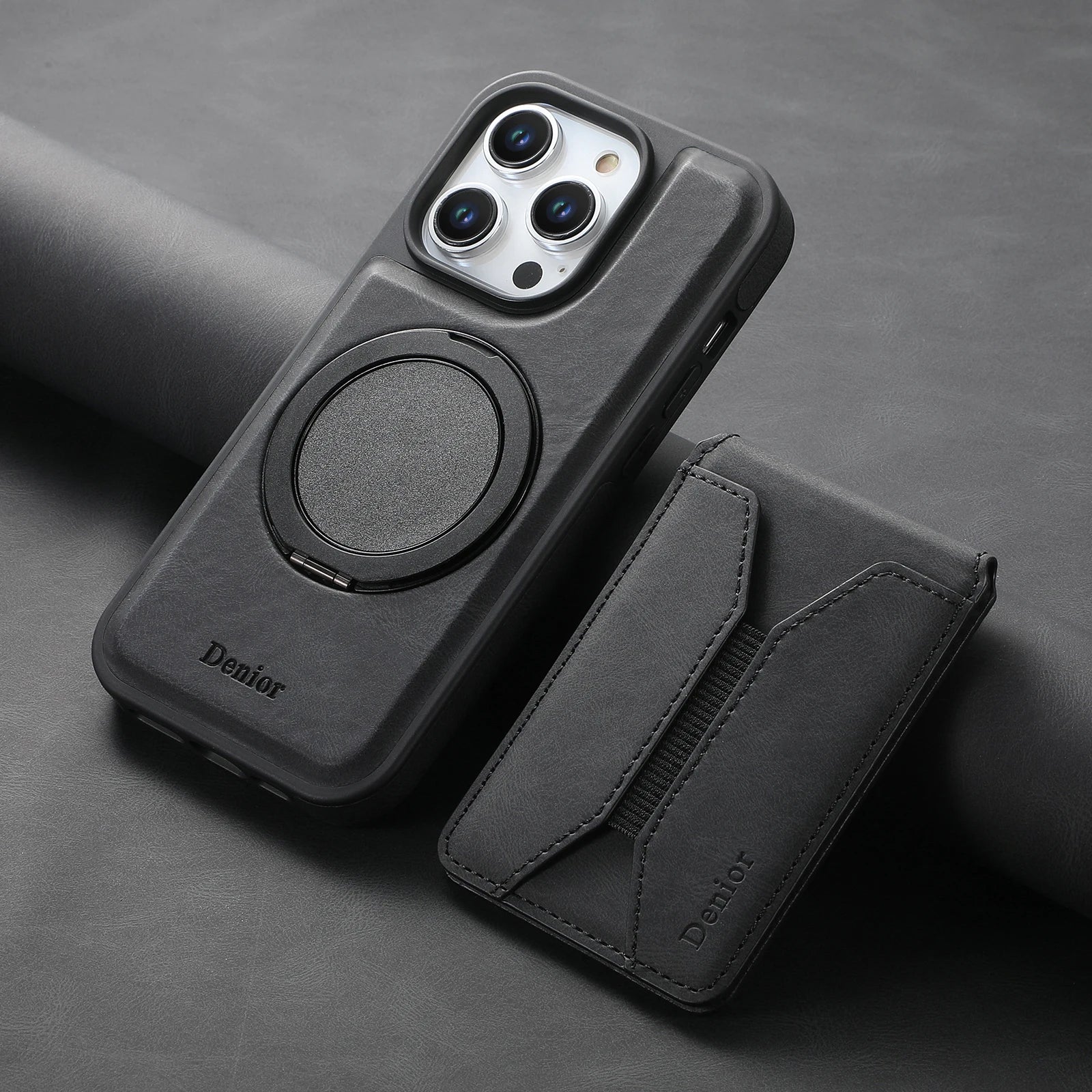 iPhone 15 Series Leather Magnetic Wallet Case with Detachable Card Bag & Ring Stand