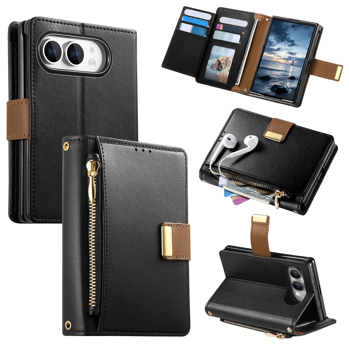 Vegan Leather 4-Card Kickstand Wallet Case with Zippered Coin Pocket for iPhone Duo