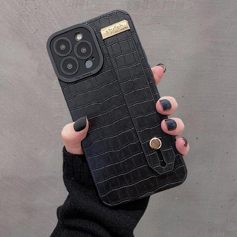 Crocodile Skin Leather Hand Strap Case for iPhone 15 Series