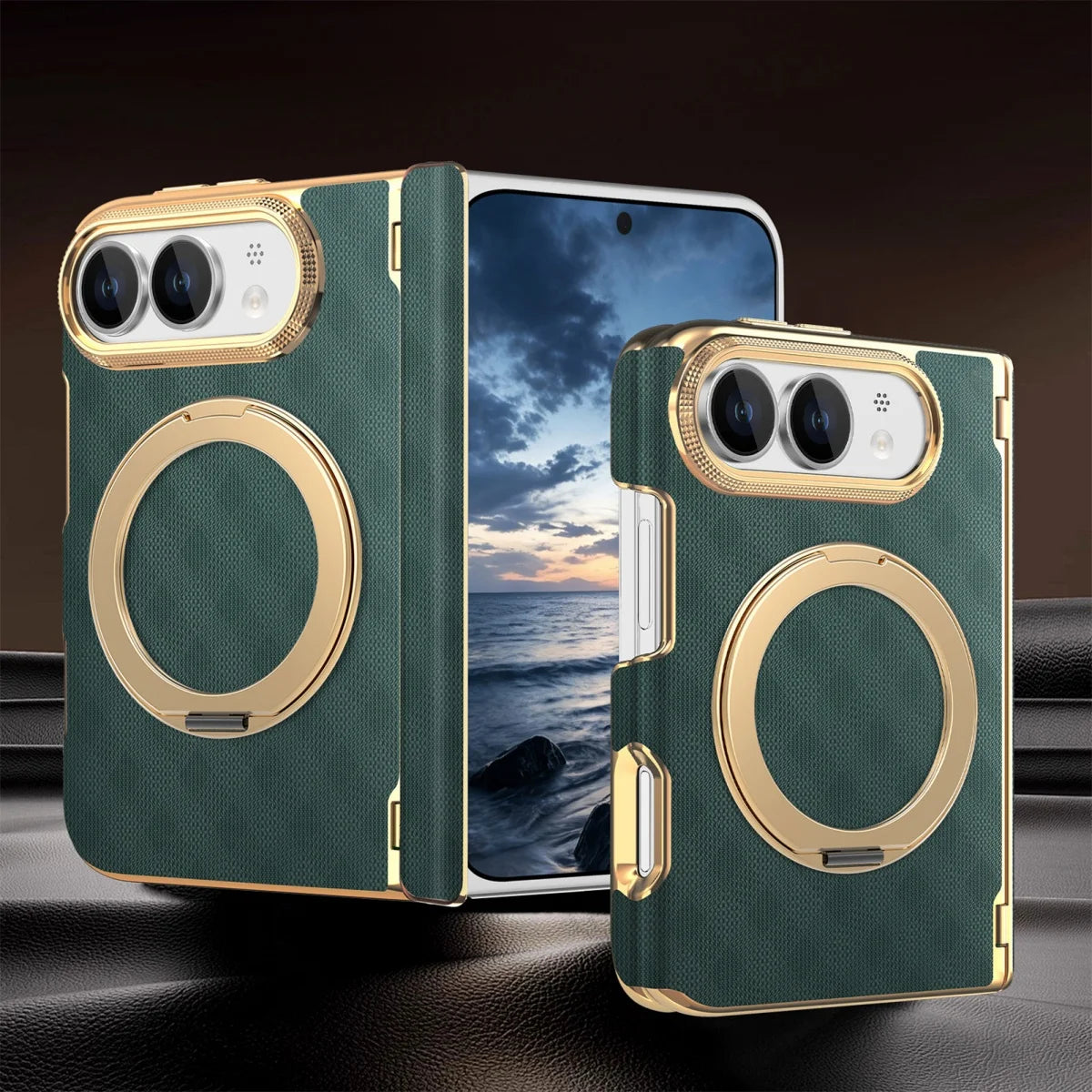 Fabric Leather Rotating Ring Holder Case with Electroplated Accents for iPhone Duo