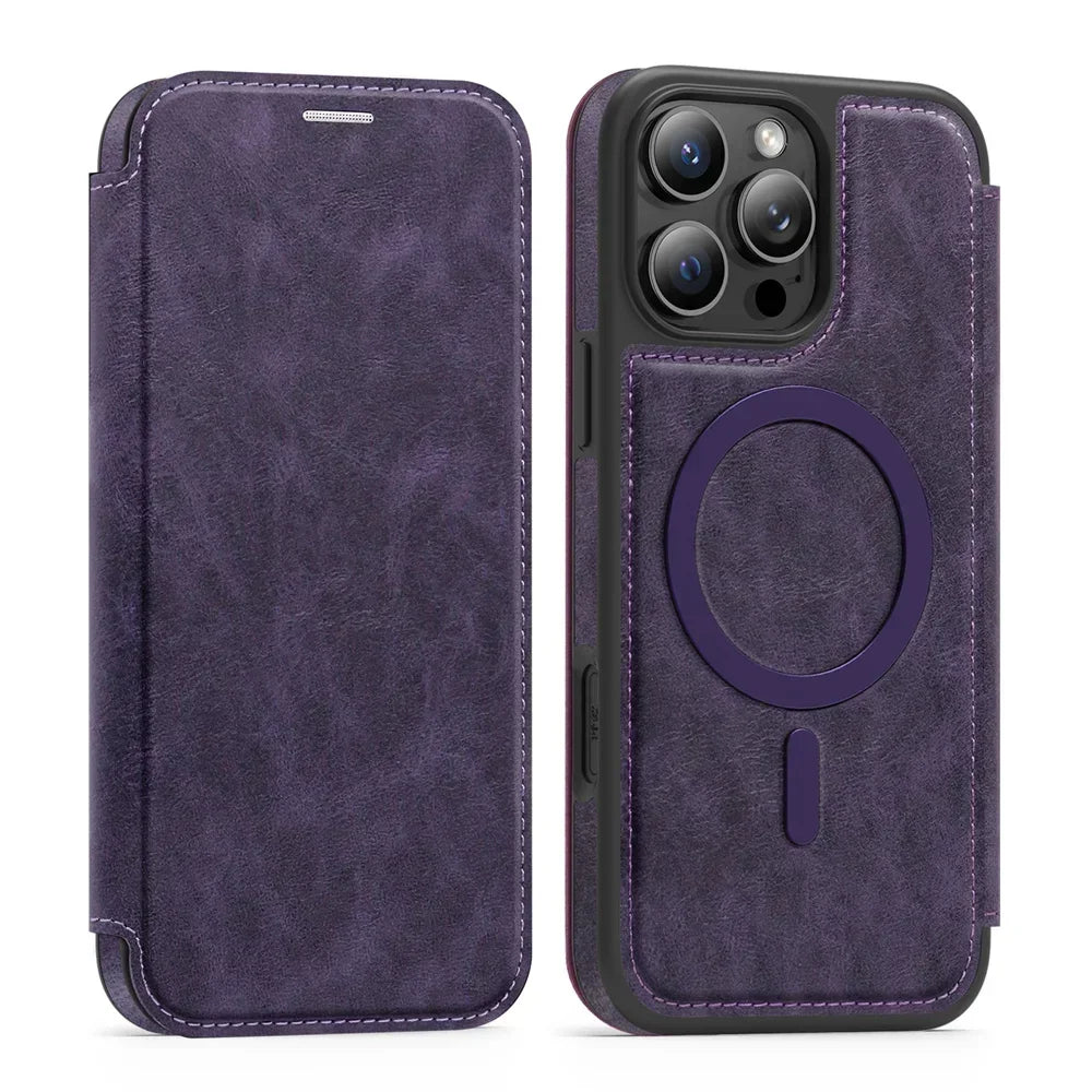 Premium Leather Flip Wallet MagSafe Case for iPhone 15 Series