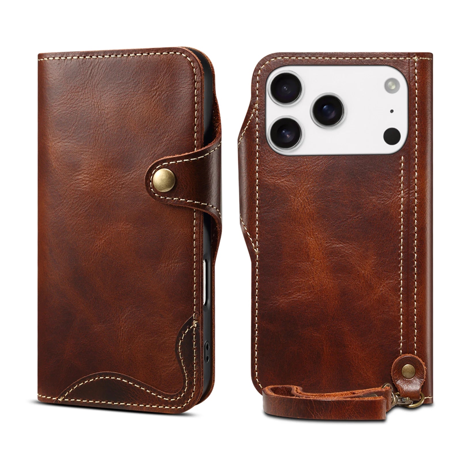 Retro Cowhide Leather Wallet Flip Case with Buckles and Lanyard for iPhone 17 Series