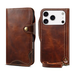Retro Cowhide Leather Wallet Flip Case with Buckles and Lanyard for iPhone 17 Series