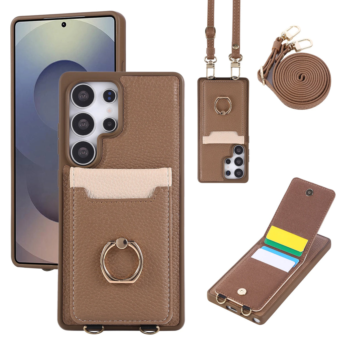 Lychee Grain Leather Crossbody Lanyard Case with Card Wallet for Samsung Galaxy S26 Series