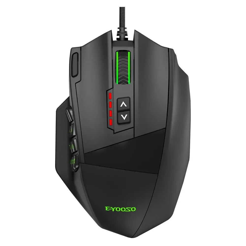 Black gaming mouse with green accents on a white background