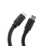 Black USB-C cable with specifications on a light gray background