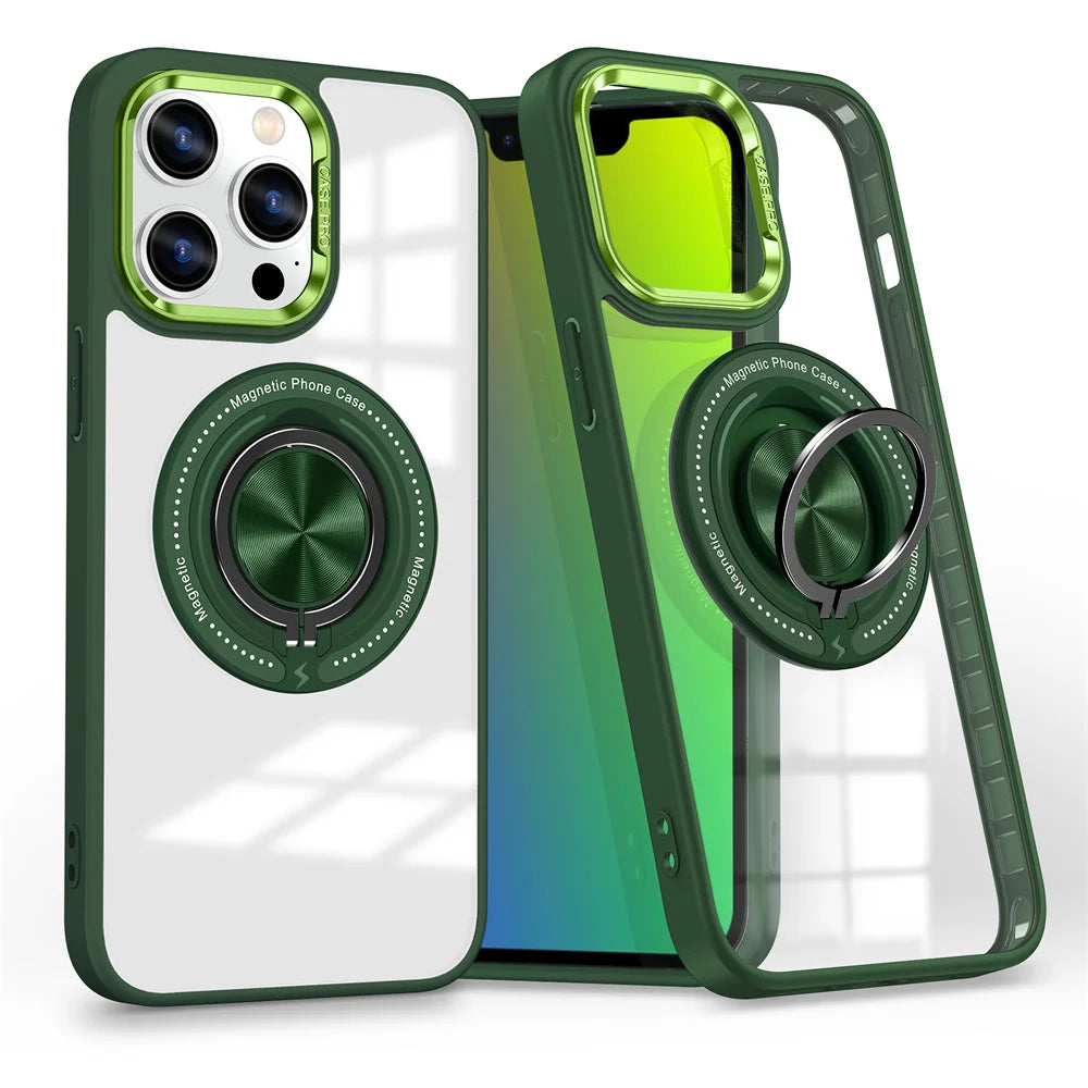 Crystal Clear Magnetic Case with Ring Stand for iPhone 15 Series