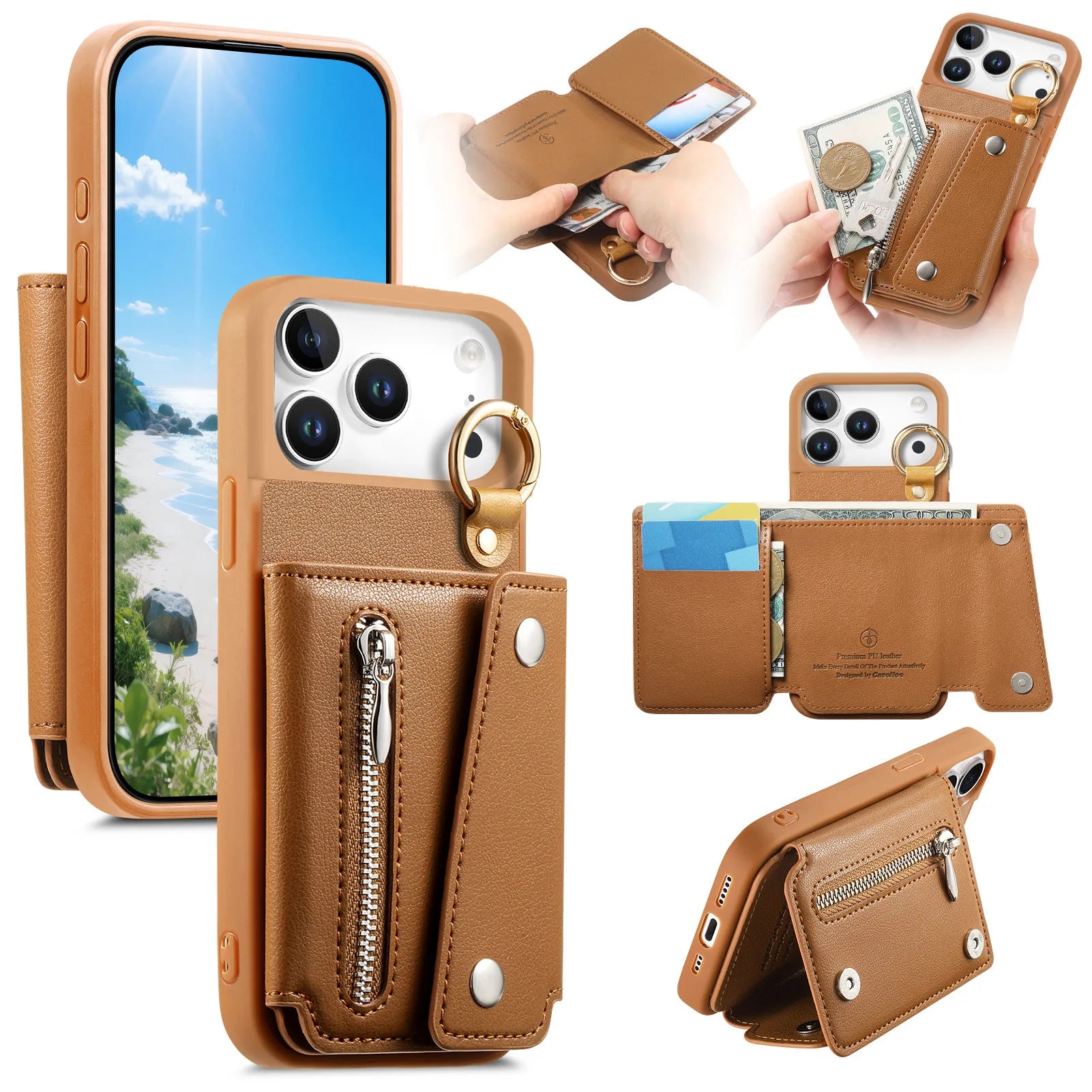 Premium Leather Triple-Fold Wallet Case for iPhone 17 Series