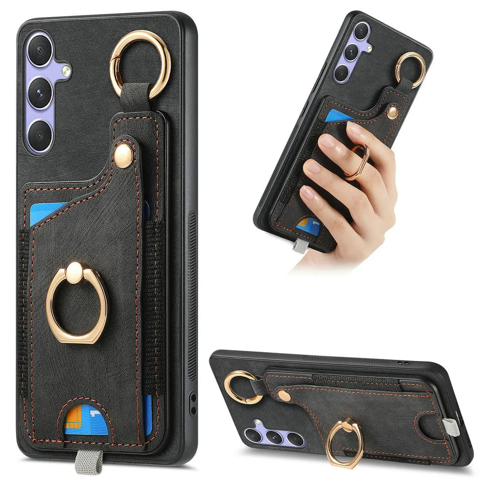 Leather Card Holder Case with 360° Rotating Ring Kickstand for Samsung Galaxy S26 Series