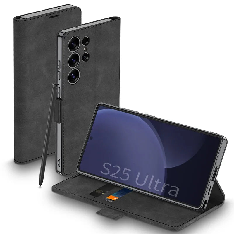 Luxury Magnetic Plating Frosted Leather Flip Wallet Case with Stand for Samsung Galaxy S25 Ultra