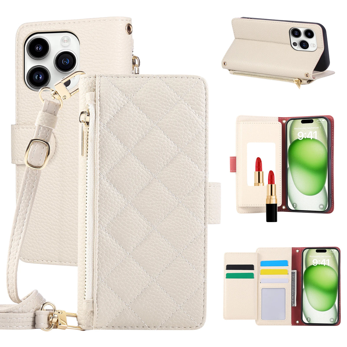 Crossbody Leather Wallet Case with Card Holder for iPhone 15 Series