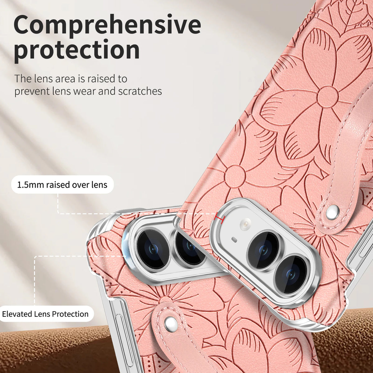 Embossed Floral Leather Case with Wrist Strap and Hinge Protection for iPhone Duo