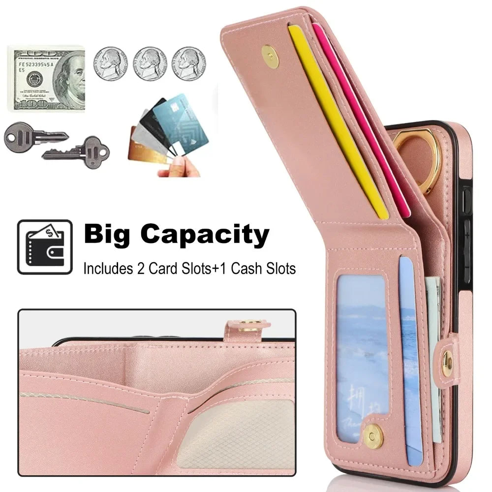 PU Leather Wallet Case with Card Slot and Ring Holder for iPhone 15 Series – Stylish & Functional