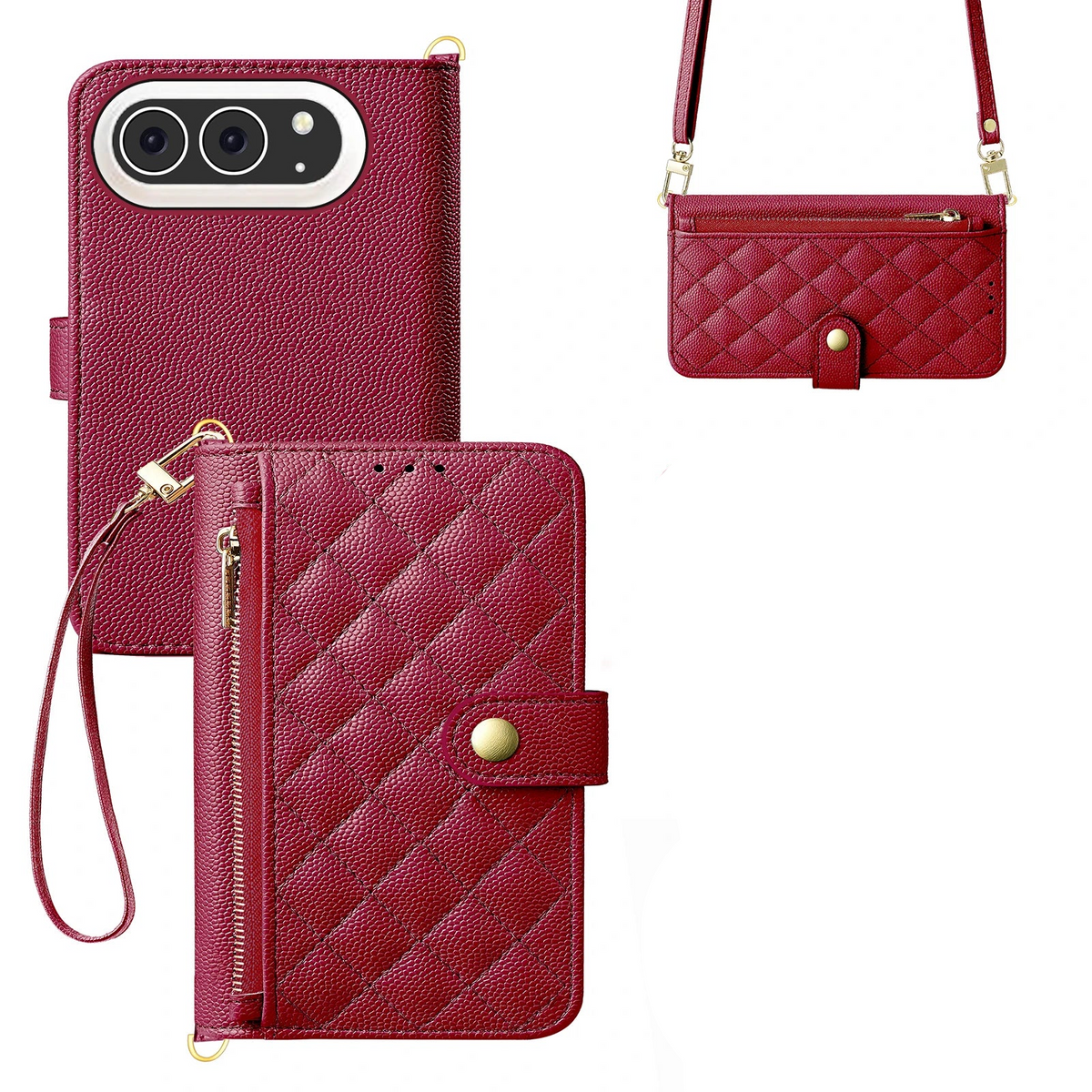 Quilted Leather Crossbody Wallet Case with Detachable Strap for iPhone Duo