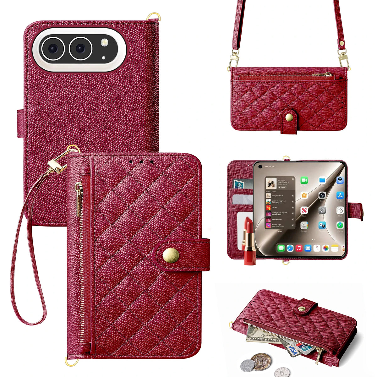 Quilted Leather Crossbody Wallet Case with Detachable Strap for iPhone Duo