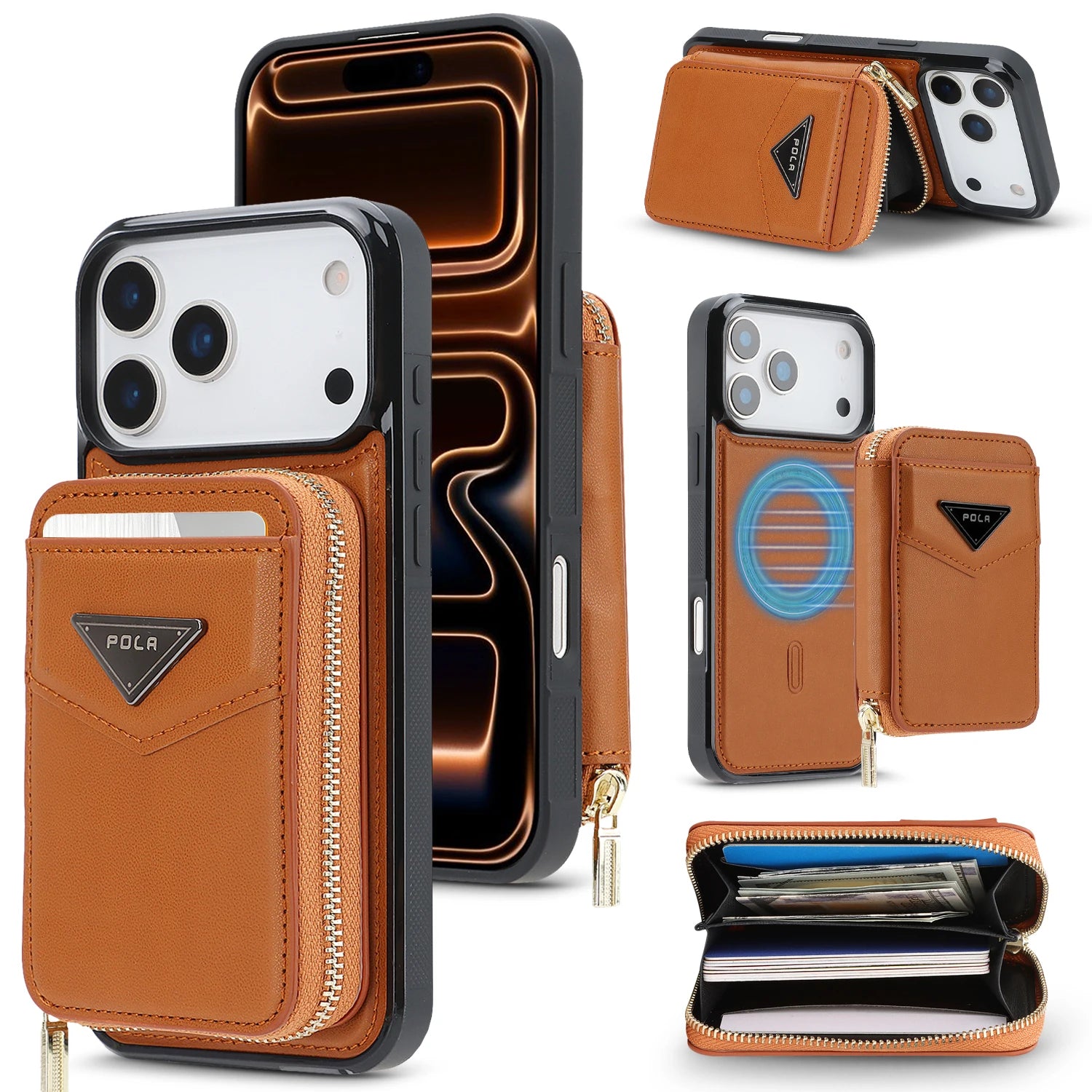 Shockproof Leather MagSafe Case with Detachable Zipper Wallet for iPhone 17 Serie