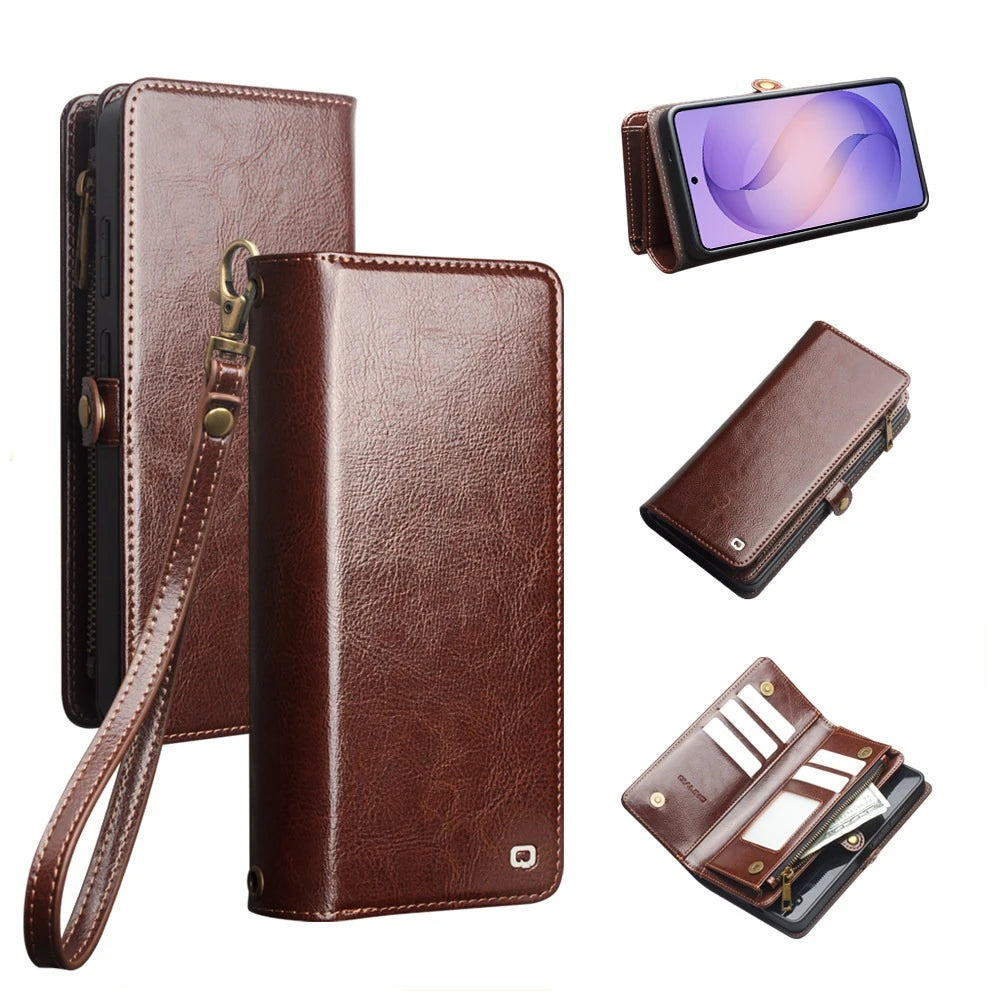 Genuine Leather Detachable Wallet Case with Wrist Strap for iPhone 17 Pro Max