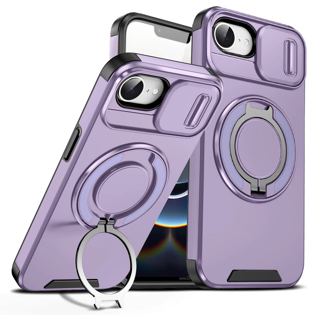 Sliding Lens Cover Shockproof Case with 360° Rotating Ring Stand for iPhone 16e