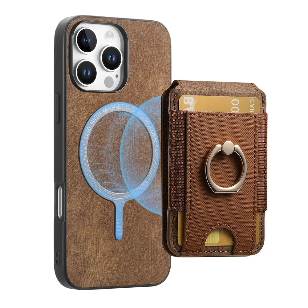 iPhone 16 Series PU Leather Case with MagSafe Support and Removable Card Holder