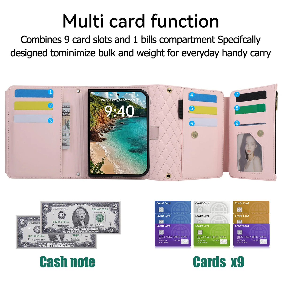 Quilted Leather Crossbody Lanyard Case with 9-Card Wallet for iPhone Duo