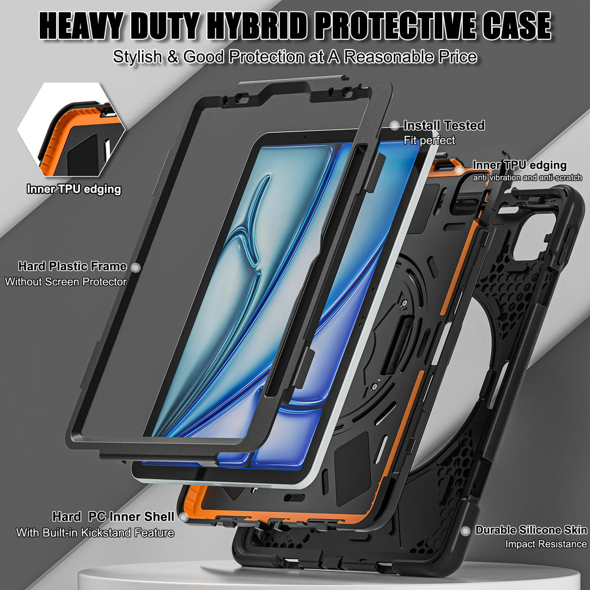Hard PC Shockproof Case with Adjustable Hand Strap for iPad Air M2 (2024)
