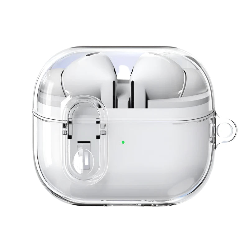 Shockproof transparent case for Samsung Galaxy Buds 3 & Buds 3 Pro, made from durable plastic for protection.