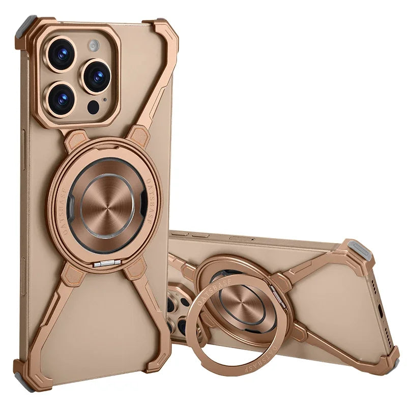 Slim shockproof MagSafe frameless case with kickstand for iPhone 16 Series, lightweight and durable design.