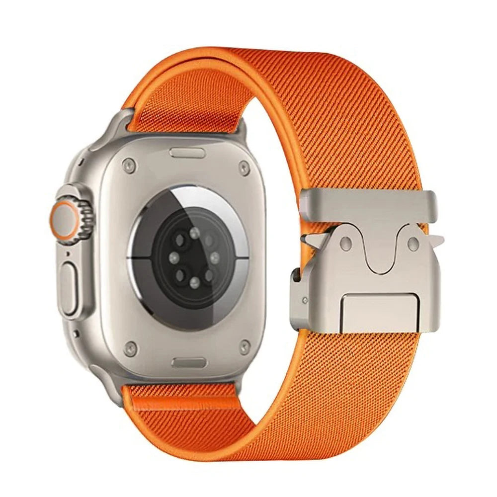 Soft nylon sports band for Apple Watch with metal buckle, breathable and comfortable for active use.