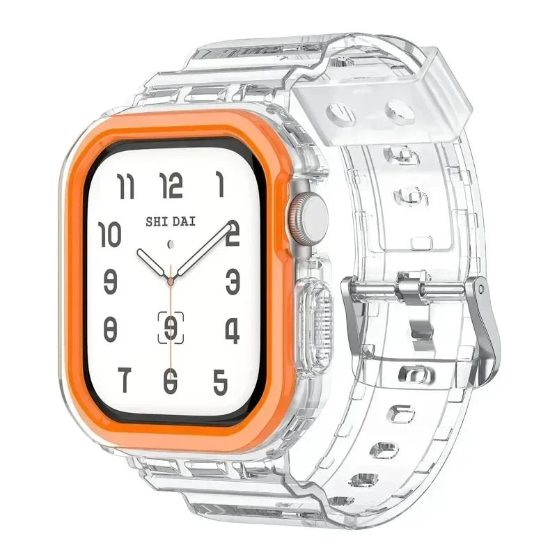 Transparent silicone strap and case kit for Apple Watch Series 10, providing protection and comfort with a minimalist design.