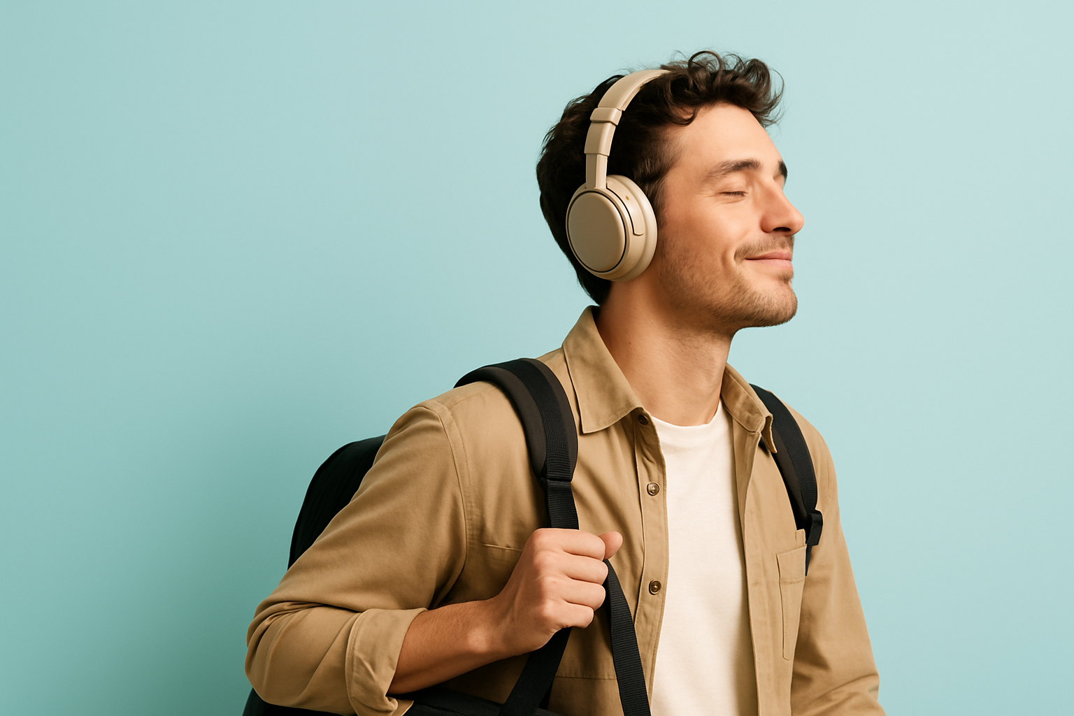 A young man wearing premium headphones while traveling against a vibrant light pastel background, positioned on the right side