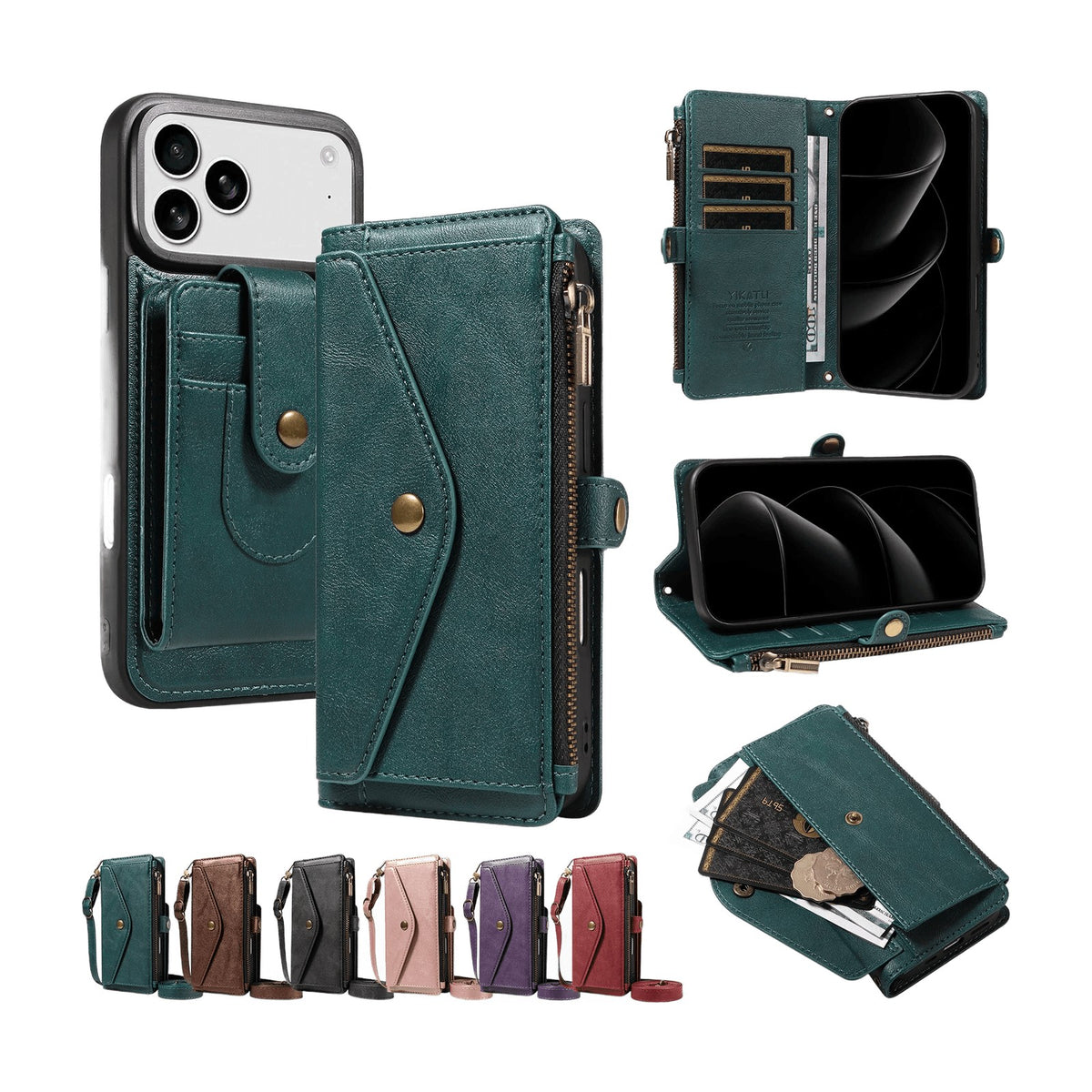 Textured Leather Detachable Wallet Case with Crossbody Strap for iPhone 18 Series