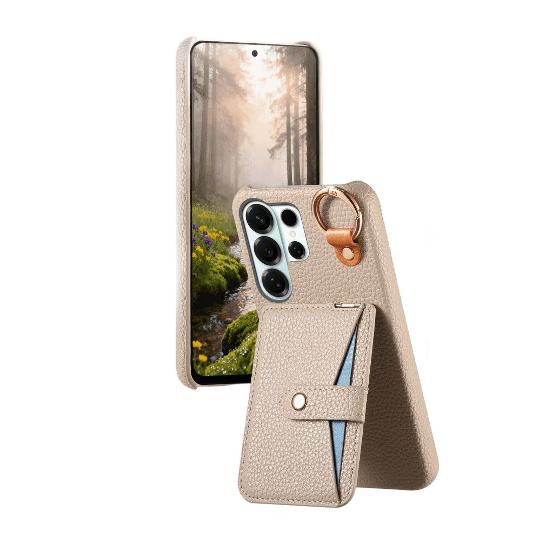 Pebbled Leather Flip Case with Built-In Makeup Mirror and Card Slots for Samsung Galaxy S23 Series