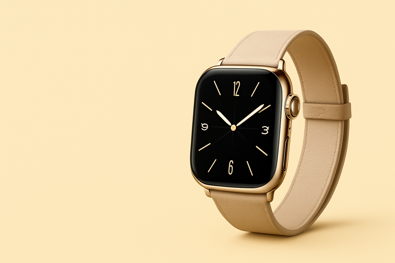 An Apple Watch with a premium stylish band against a light pastel background