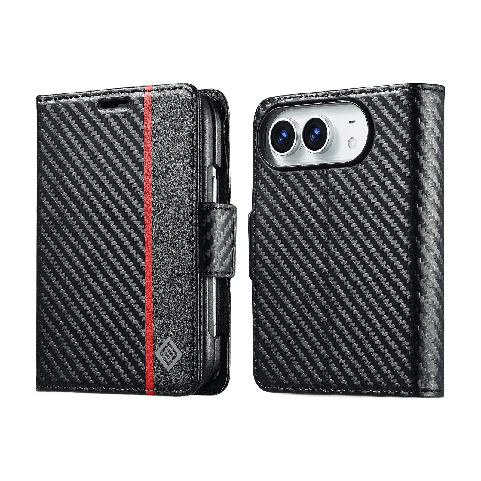 Carbon Fiber Leather Flip Wallet Case with Foldable Stand for iPhone Duo