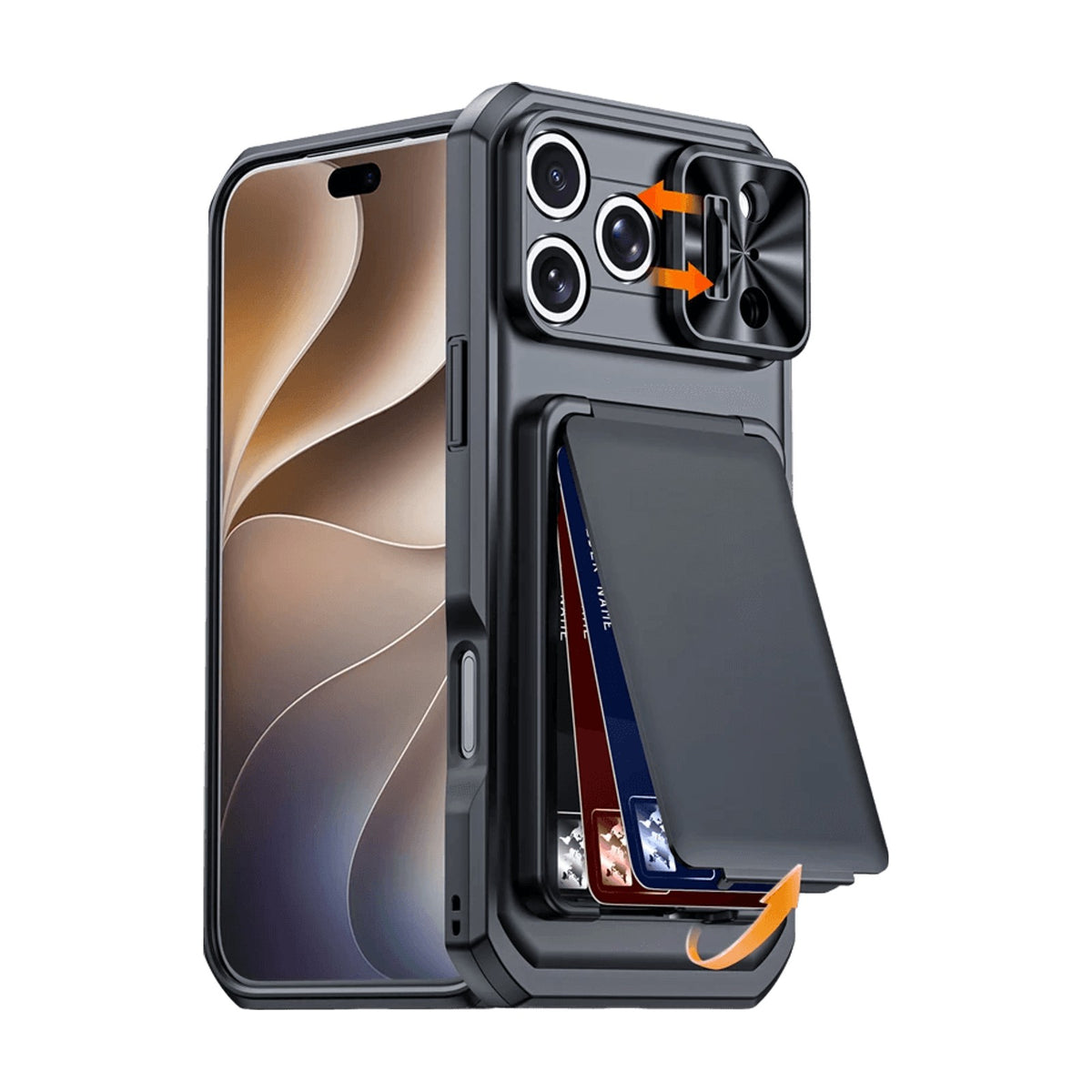 Shockproof PC+TPU Slide Camera Lens Protection Case with 3-Card Wallet for iPhone 18 Series