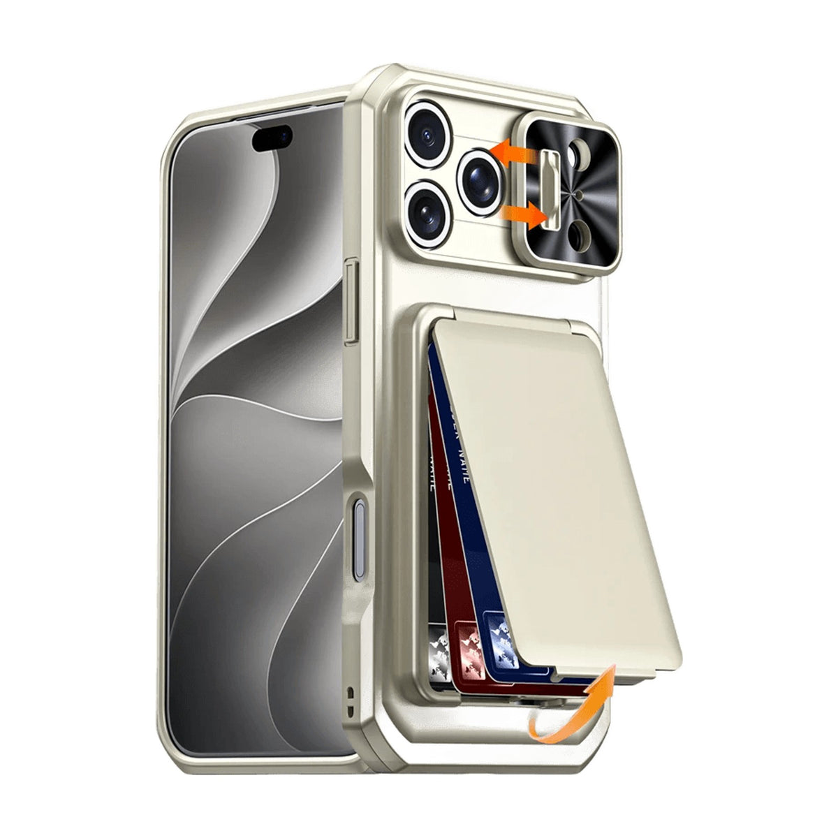 Shockproof PC+TPU Slide Camera Lens Protection Case with 3-Card Wallet for iPhone 18 Series