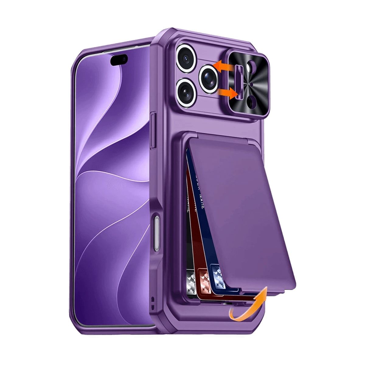 Shockproof PC+TPU Slide Camera Lens Protection Case with 3-Card Wallet for iPhone 18 Series