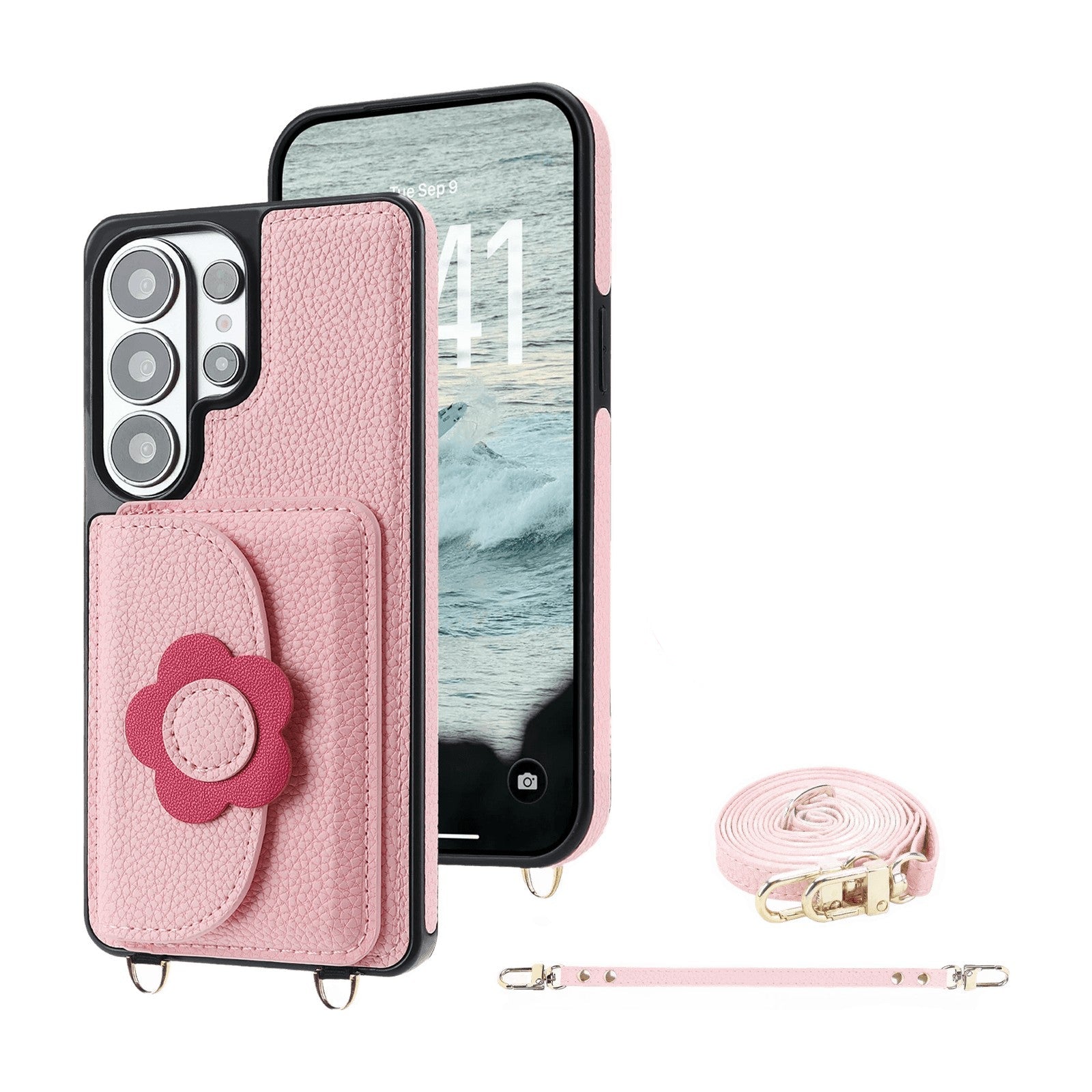 Textured Leather Crossbody Lanyard Case with Flower Pop-Out Stand for Samsung Galaxy S26 Series