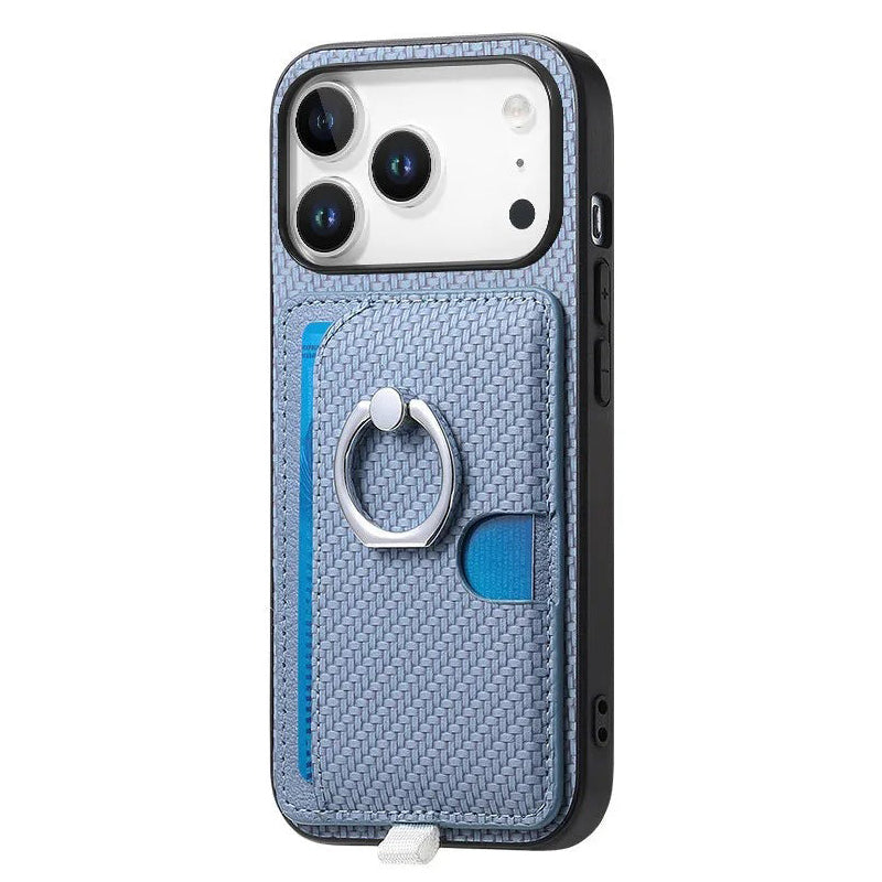Premium 2-in-1 Carbon Fiber Pattern MagSafe Case with Built-In Card Slot & Ring Holder for iPhone 17 Series