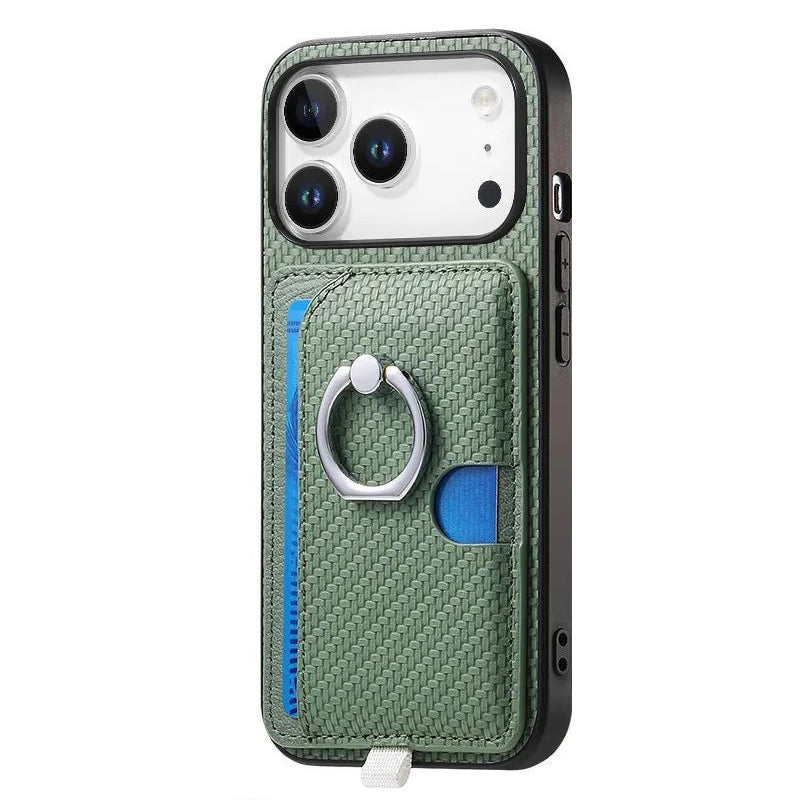 Premium 2-in-1 Carbon Fiber Pattern MagSafe Case with Built-In Card Slot & Ring Holder for iPhone 17 Series