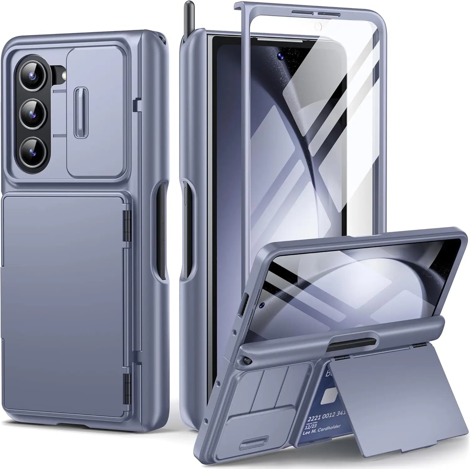 Samsung Galaxy Z Fold 5 rugged case with sliding camera cover, screen protector, and card storage slot.